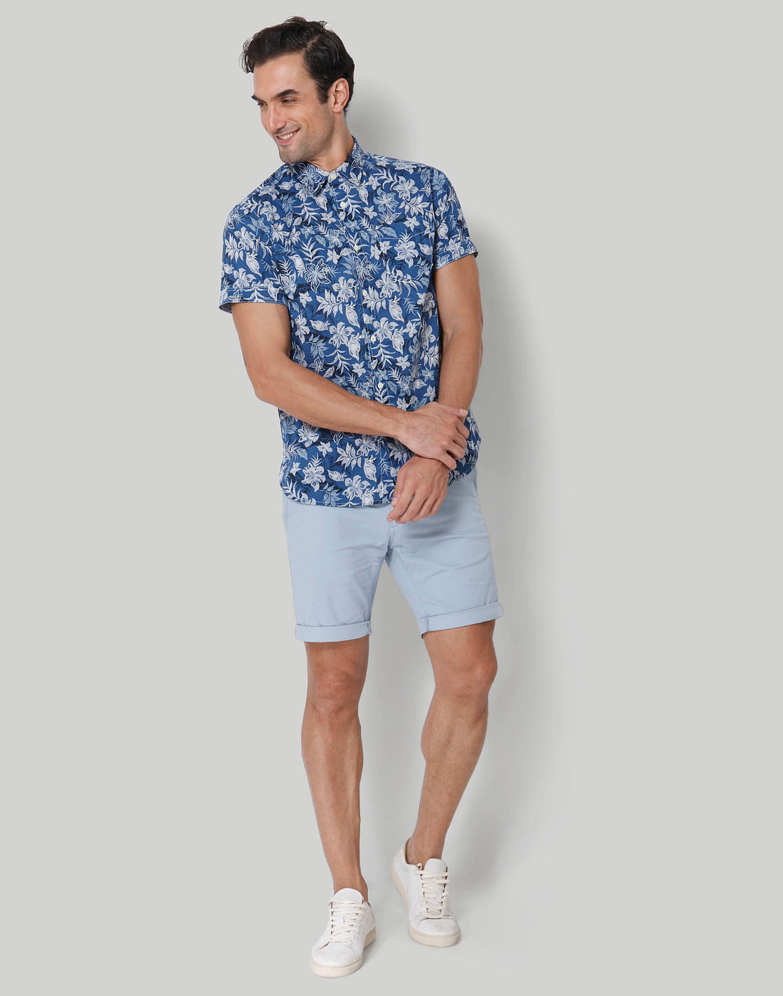 Blue Floral Print Short Sleeves Shirt