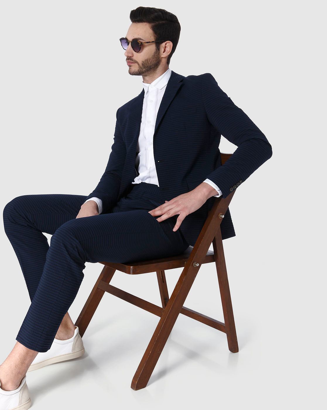 Navy Blue Striped Slim Fit Blazer