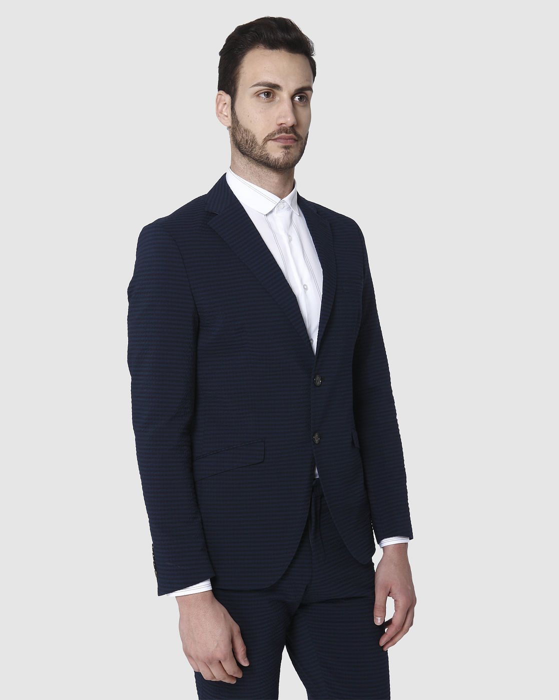 Navy Blue Striped Slim Fit Blazer