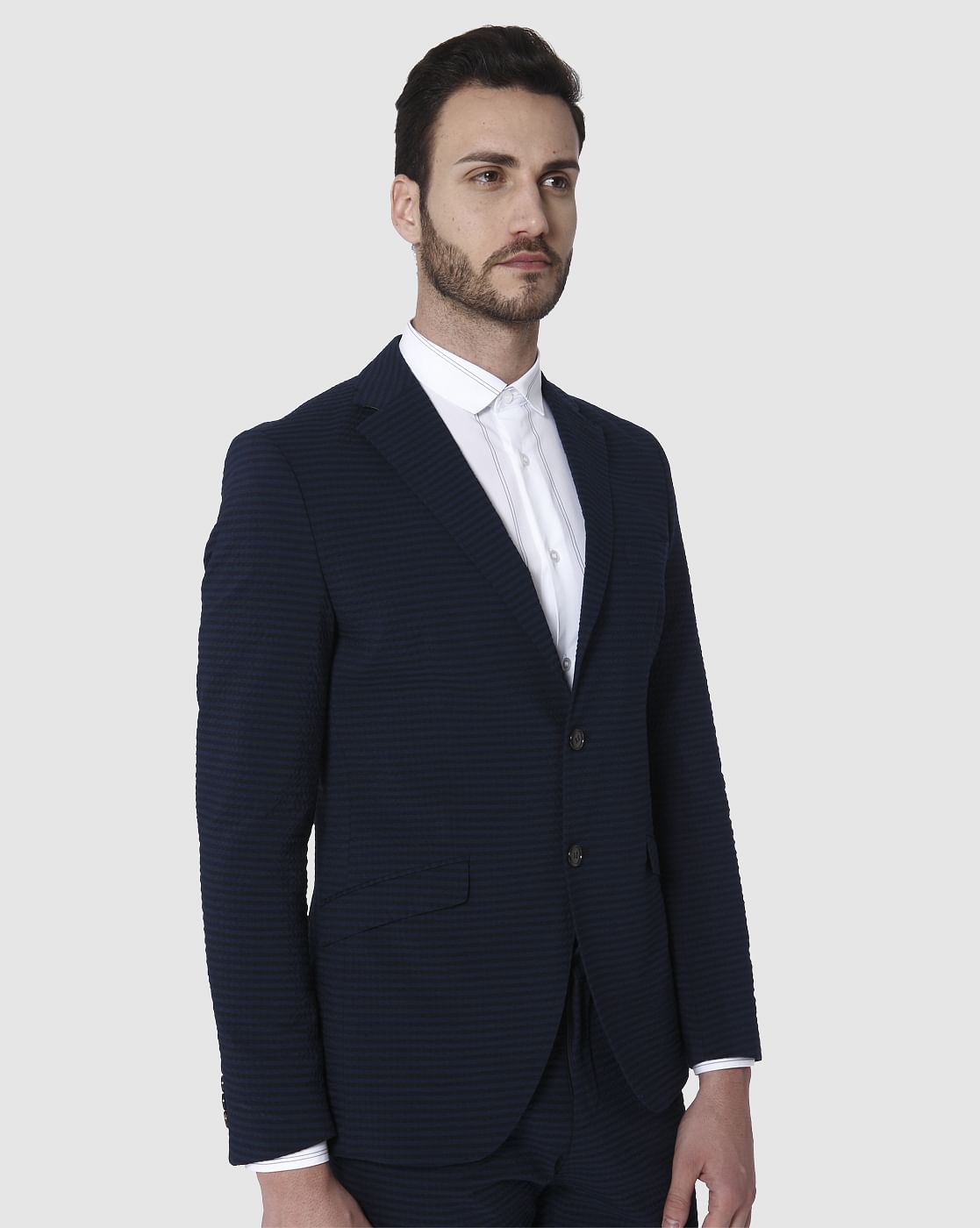 Navy Blue Striped Slim Fit Blazer