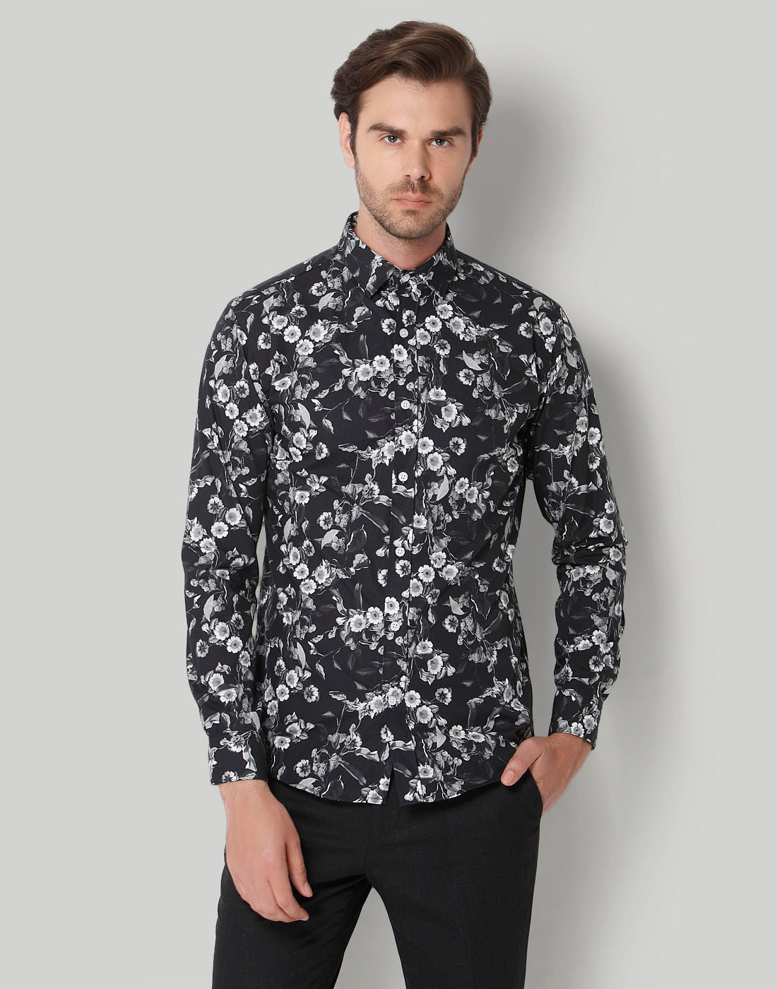 Black Floral Print Full Sleeves Shirt