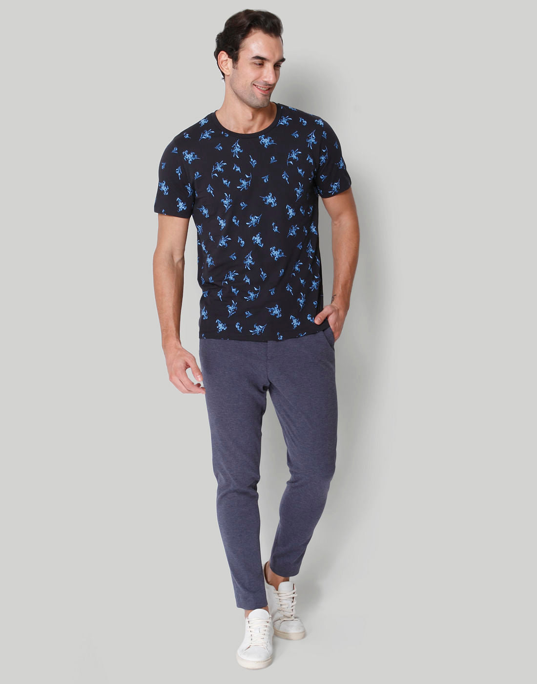 Black Floral Print Crew Neck T-Shirt
