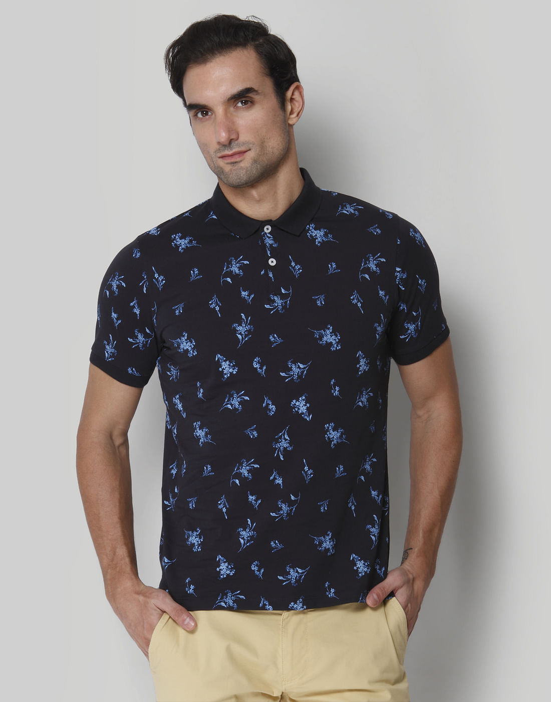 Black Floral Print Polo Neck T-Shirt