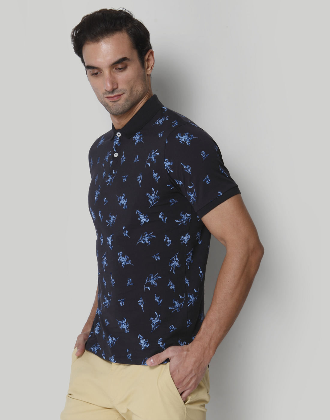 Black Floral Print Polo Neck T-Shirt