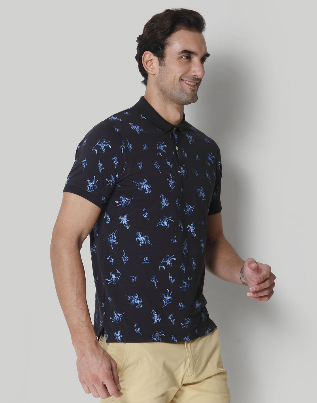 Black Floral Print Polo Neck T-Shirt