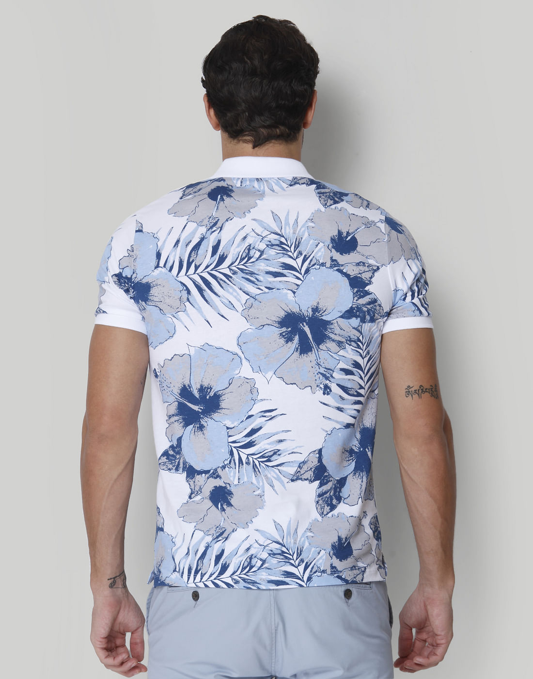 White Floral Print Polo Neck T-Shirt