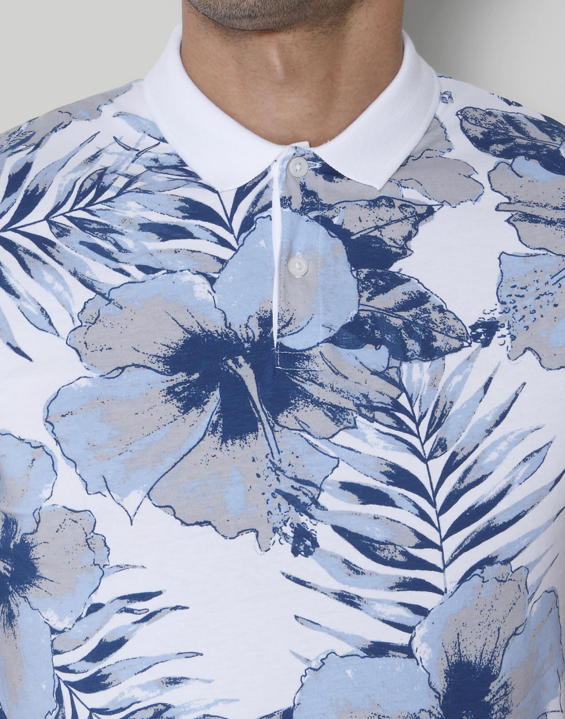 White Floral Print Polo Neck T-Shirt