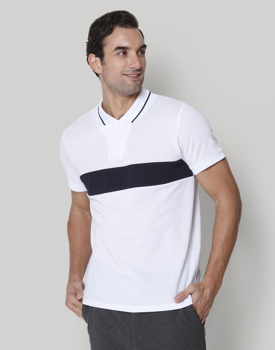 White Striped Polo Neck T-Shirt