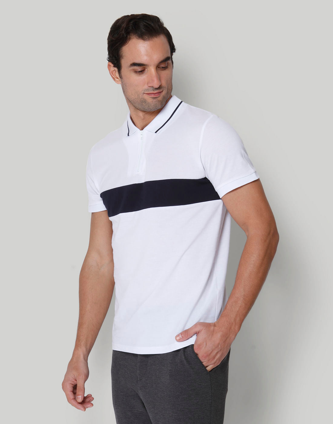 White Striped Polo Neck T-Shirt