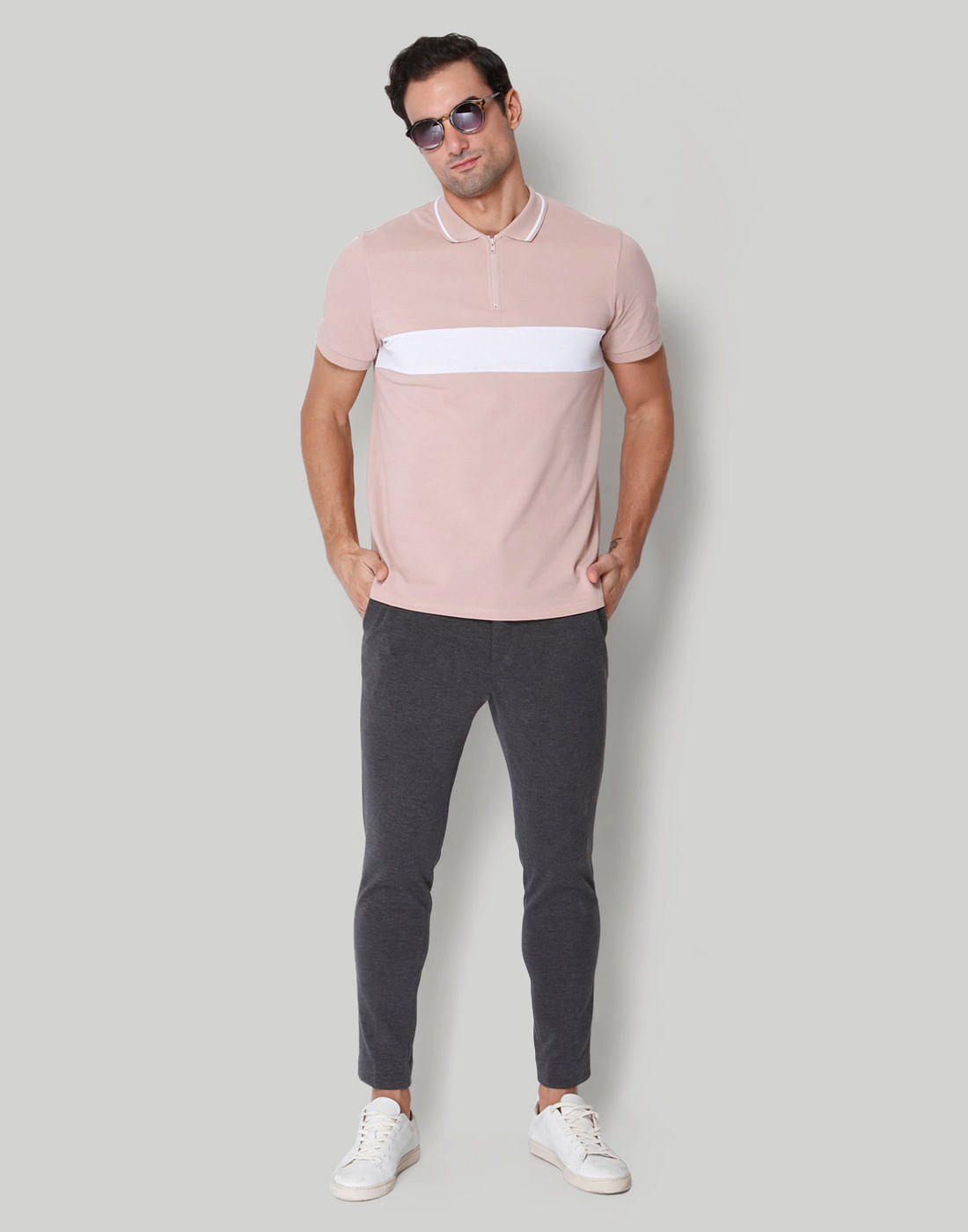 Pink  Striped Polo Neck T-Shirt