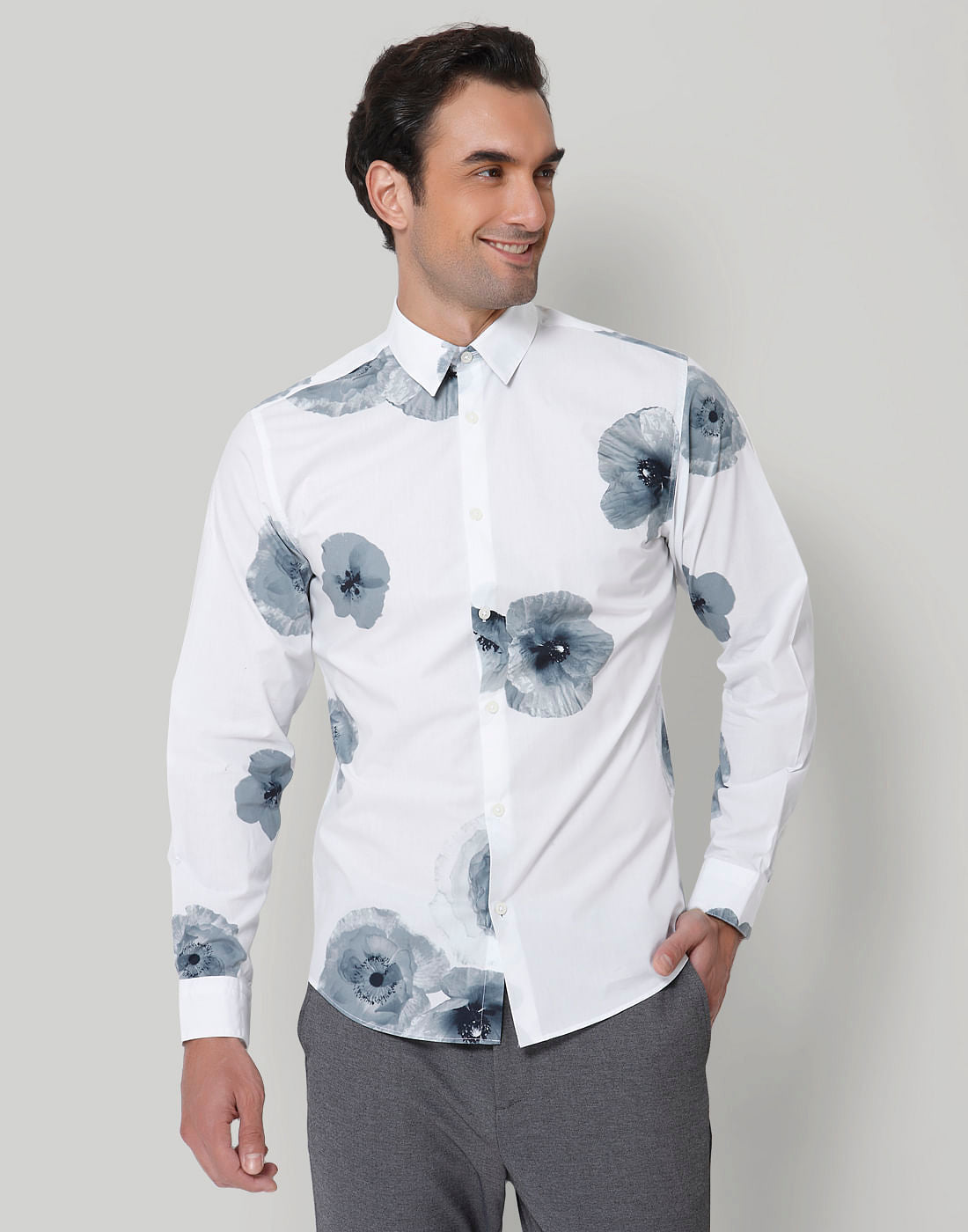 White Floral Print Full Sleeves Shirt