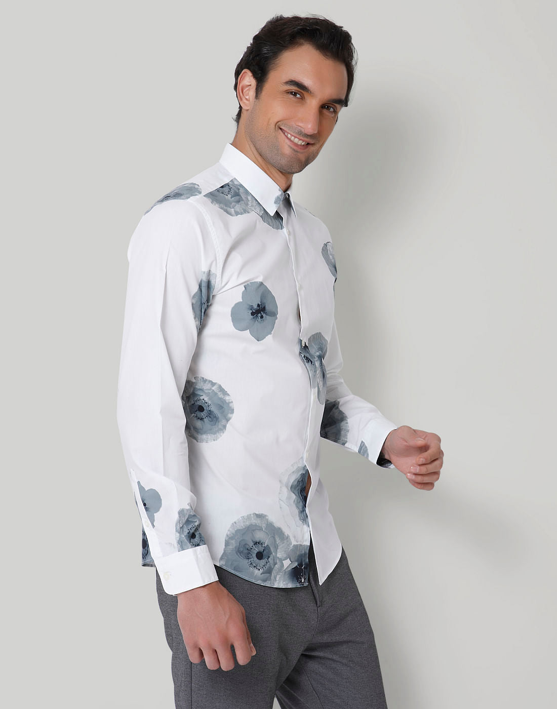 White Floral Print Full Sleeves Shirt