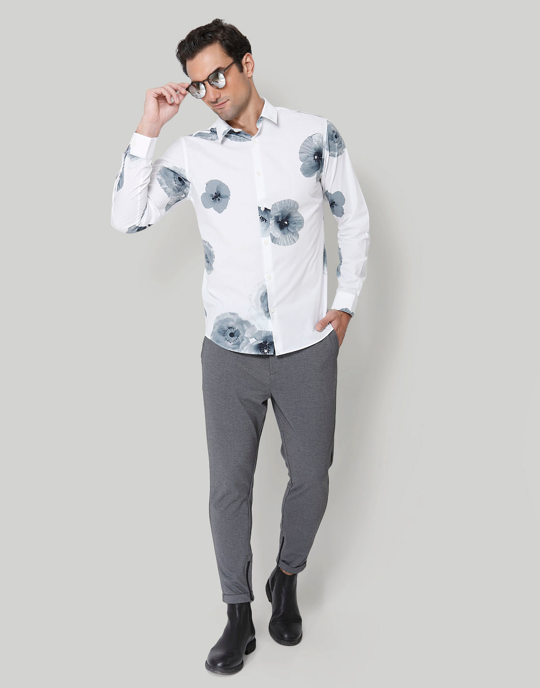 White Floral Print Full Sleeves Shirt