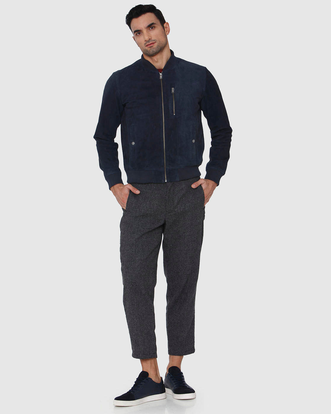 Navy Blue Suede Bomber Jacket