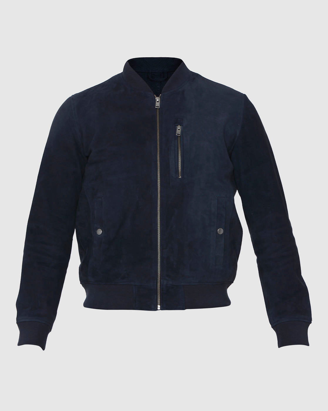 Navy Blue Suede Bomber Jacket