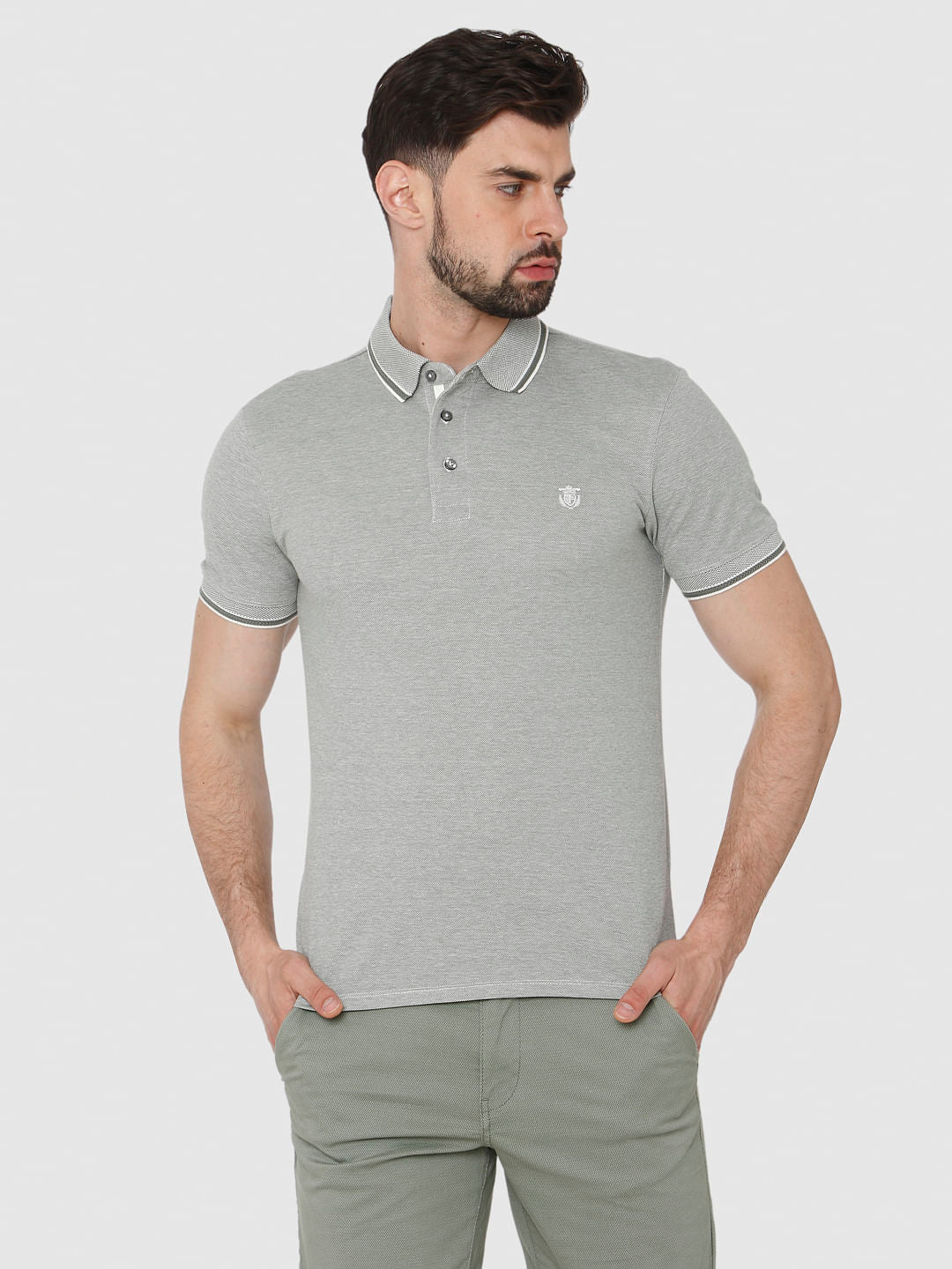 Grey Contrast Tipping Polo Neck T-Shirt