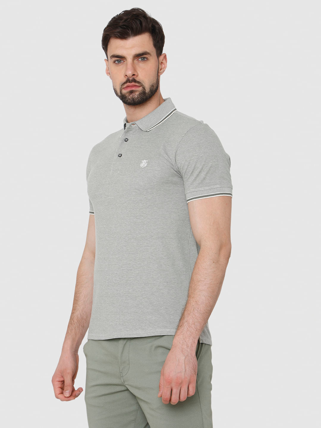 Grey Contrast Tipping Polo Neck T-Shirt