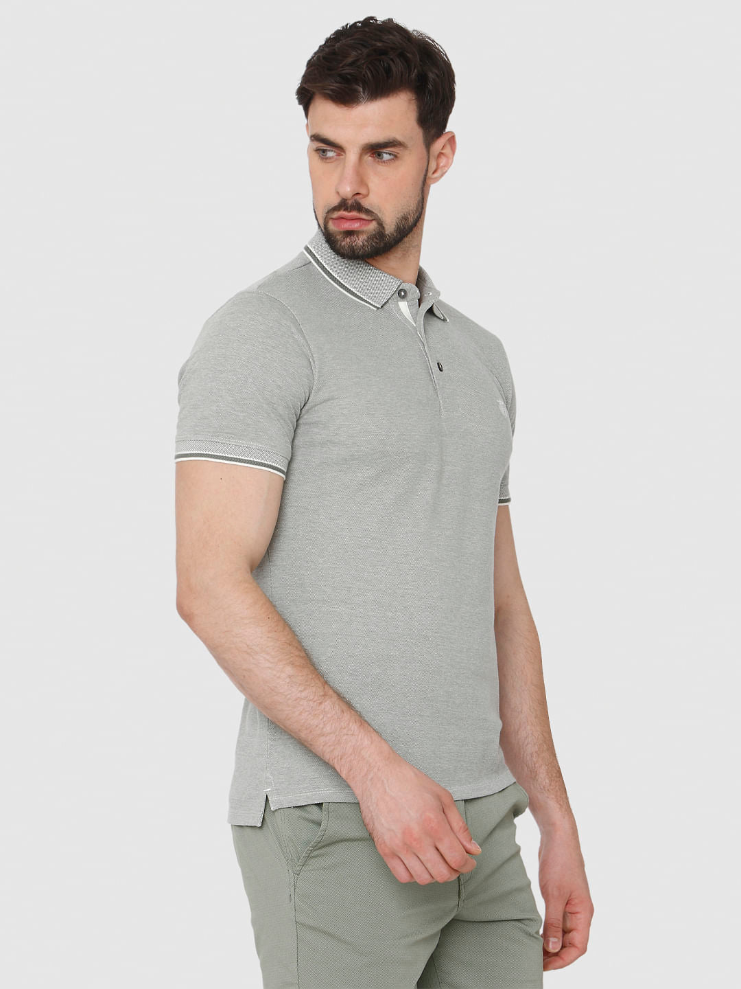 Grey Contrast Tipping Polo Neck T-Shirt