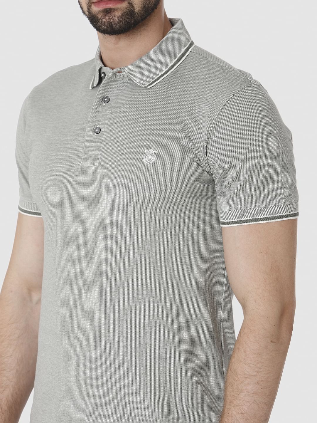 Grey Contrast Tipping Polo Neck T-Shirt