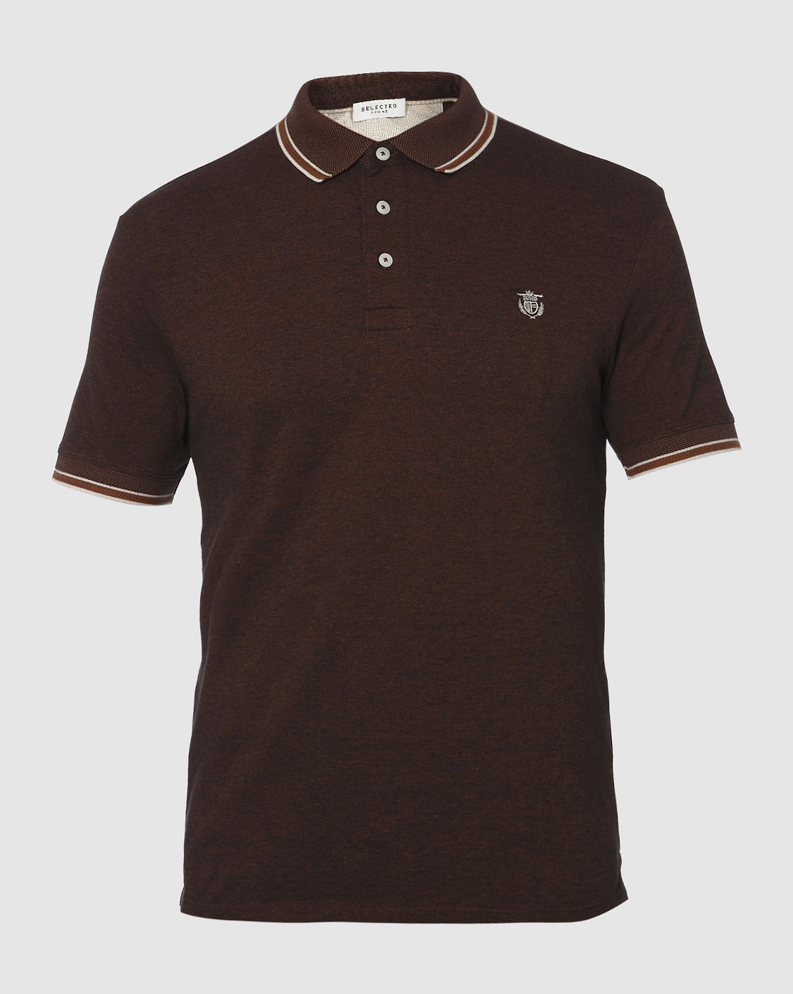 Brown Contrast Tipping Slim Fit Polo Neck T-Shirt