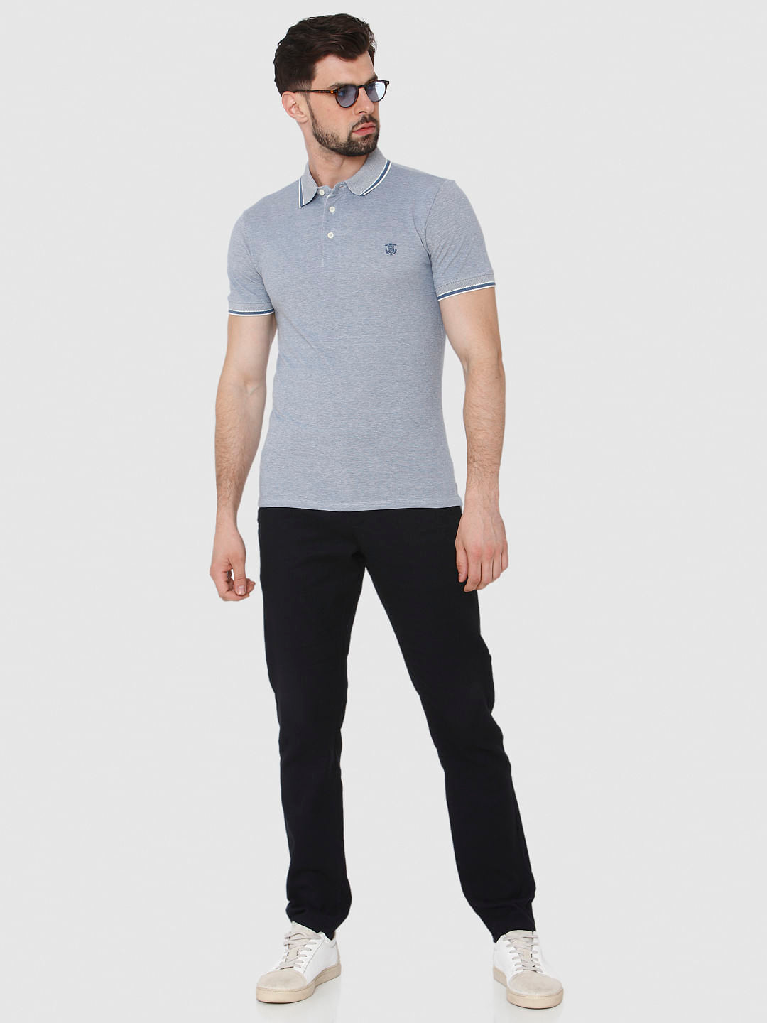 Blue Contrast Tipping Polo Neck T-Shirt