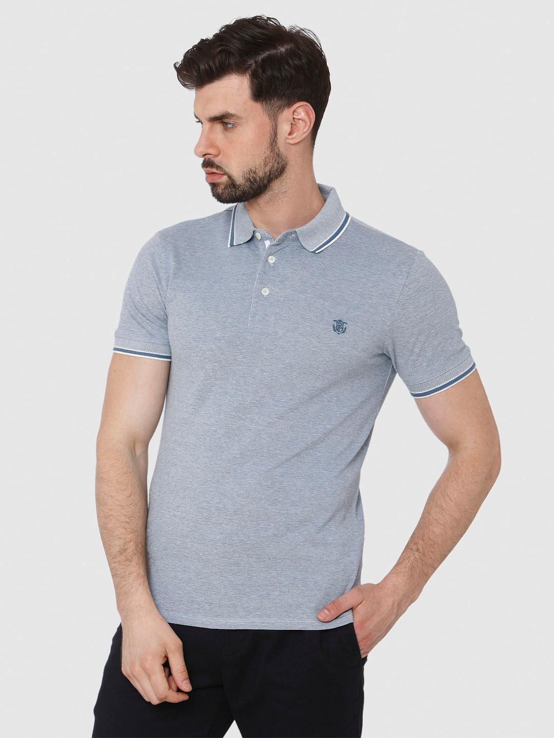 Blue Contrast Tipping Polo Neck T-Shirt