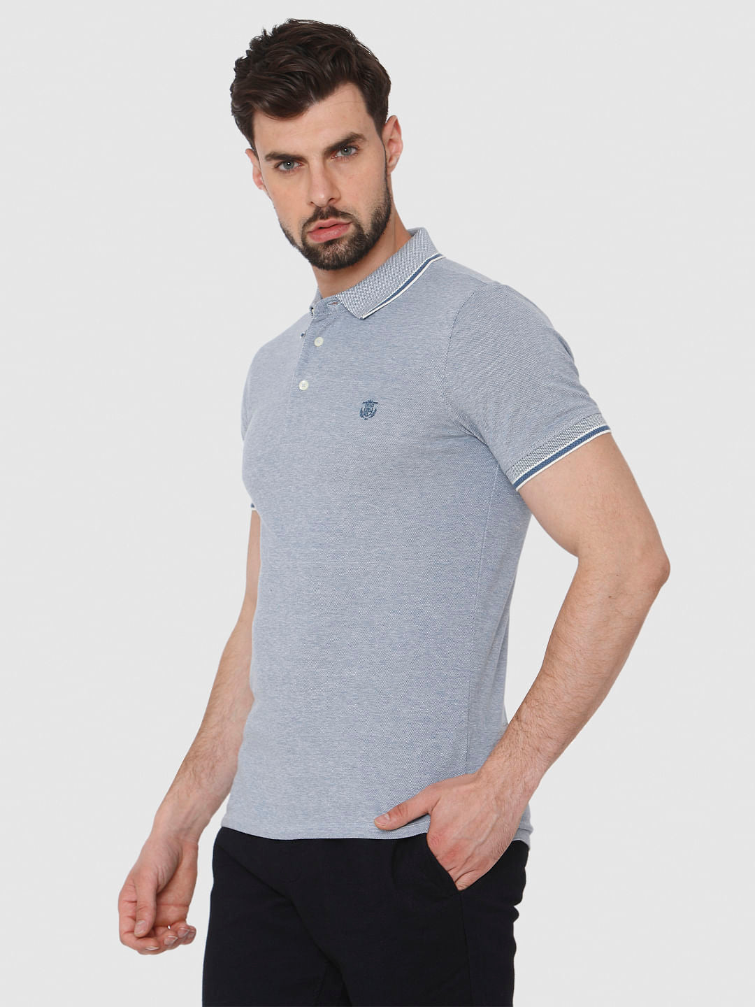 Blue Contrast Tipping Polo Neck T-Shirt