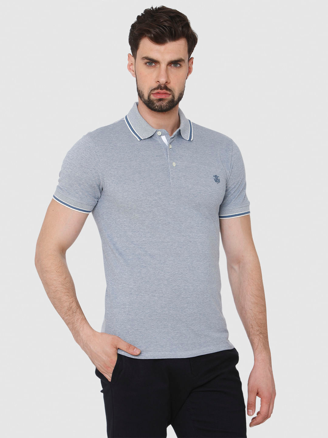 Blue Contrast Tipping Polo Neck T-Shirt