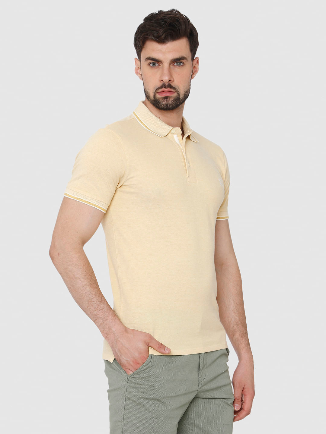 Yellow Contrast Tipping Polo Neck T-Shirt
