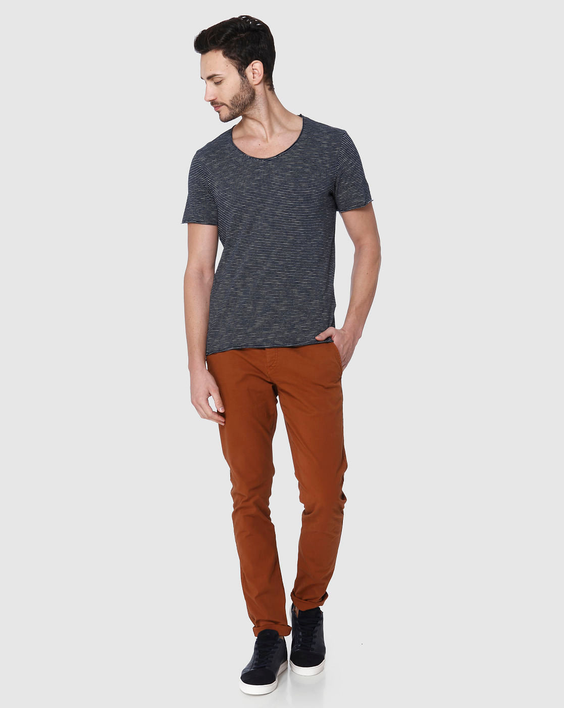 Navy Blue Striped Crew Neck T-Shirt
