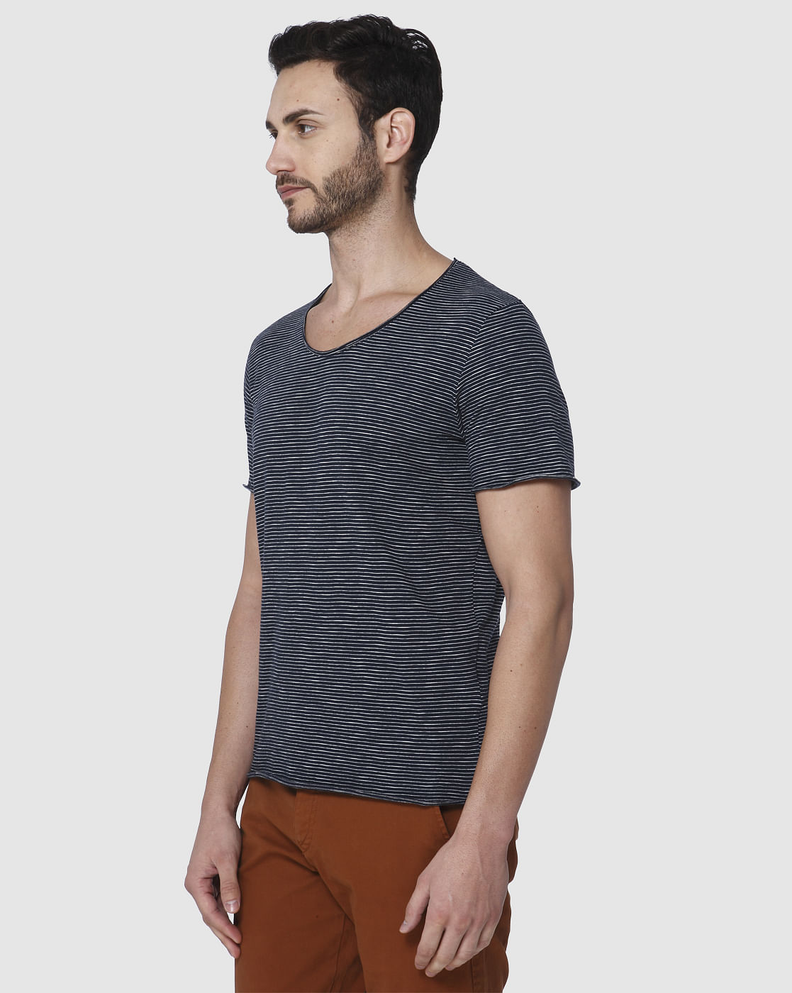 Navy Blue Striped Crew Neck T-Shirt
