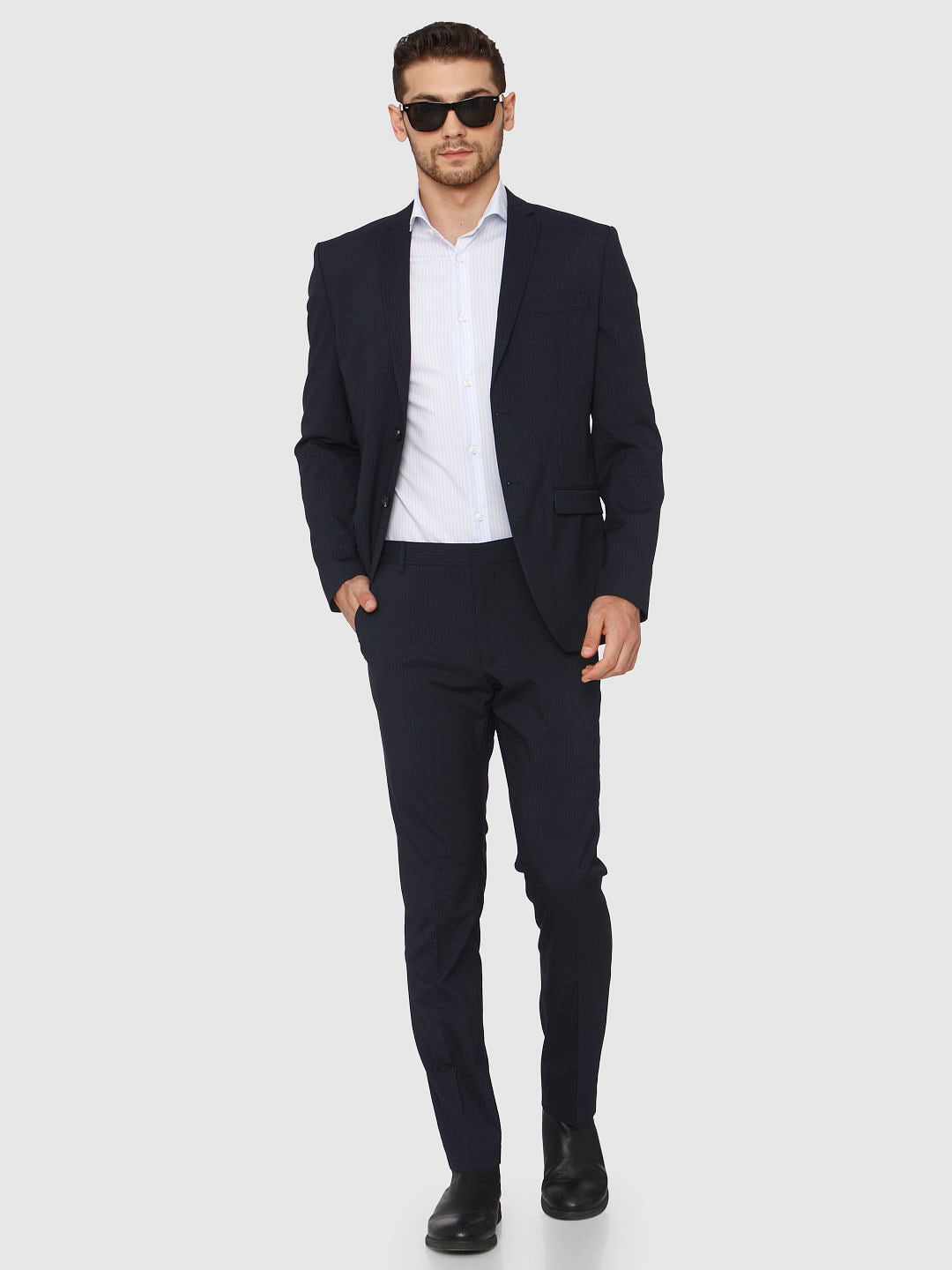 Blue Mid Rise Striped Formal Trousers