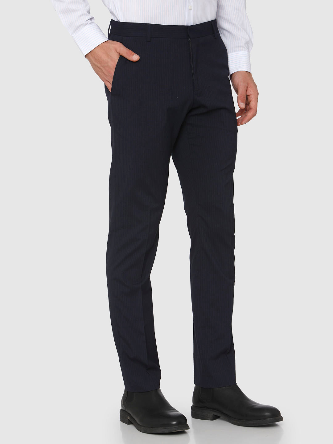 Blue Mid Rise Striped Formal Trousers