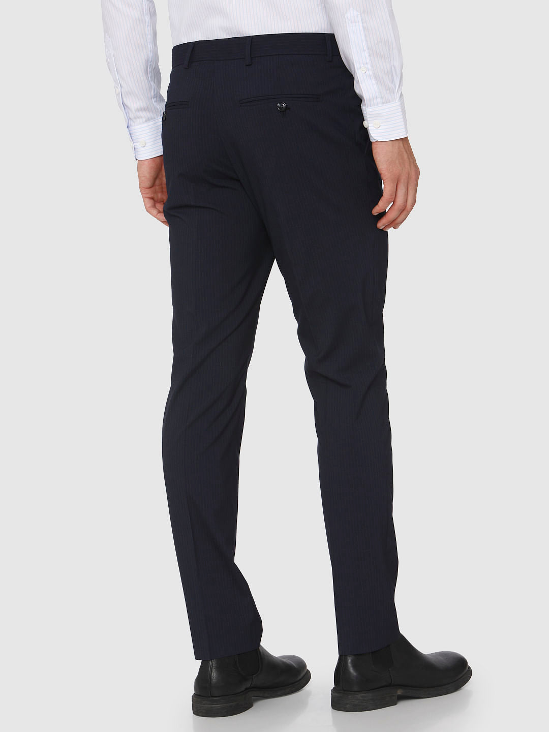 Blue Mid Rise Striped Formal Trousers