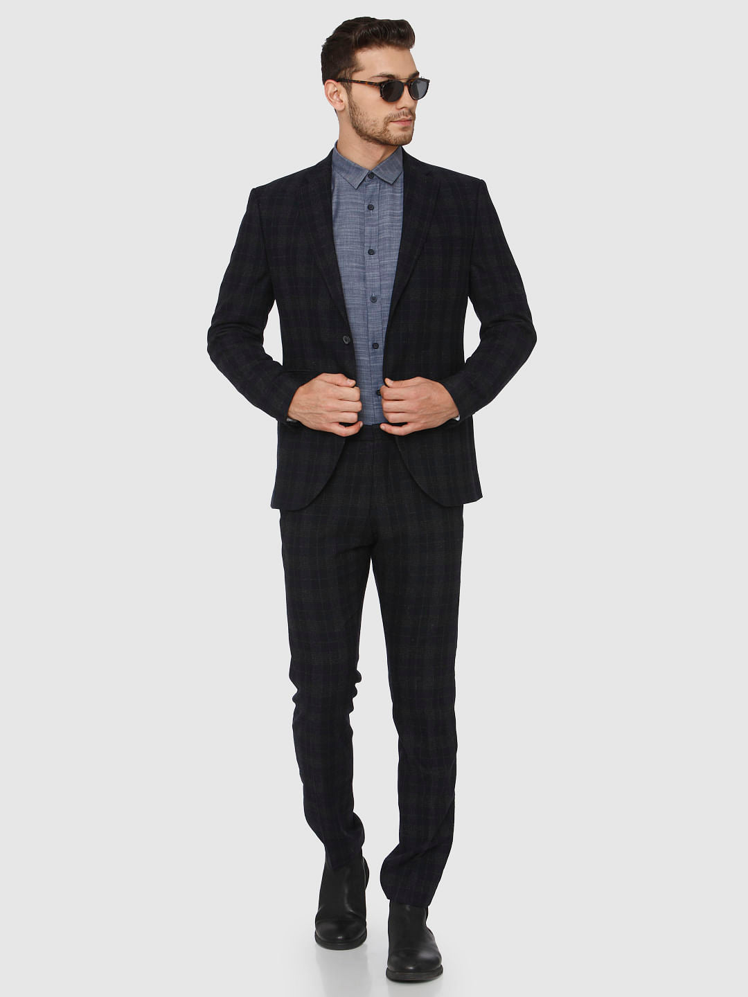 Navy Blue Check Slim Fit Blazer