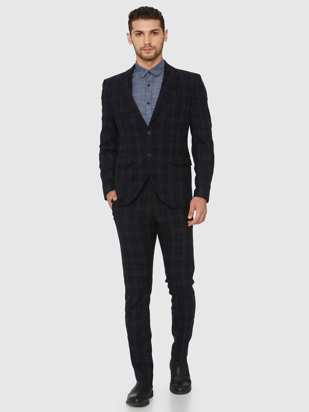 Navy Blue Check Slim Fit Blazer