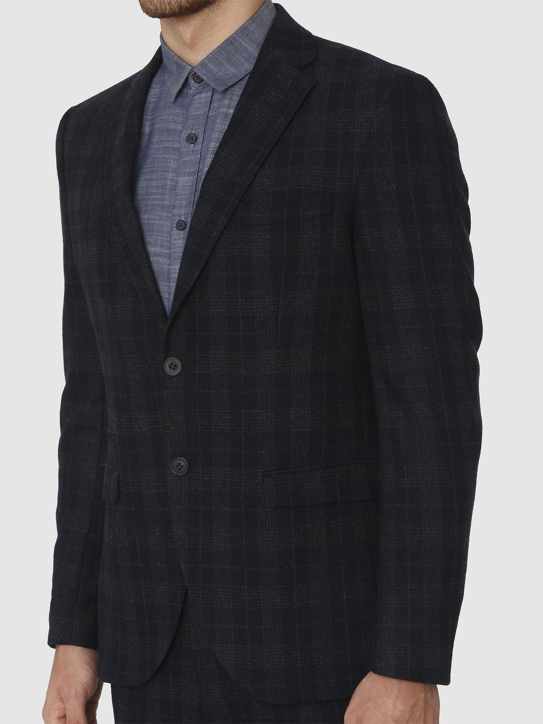 Navy Blue Check Slim Fit Blazer