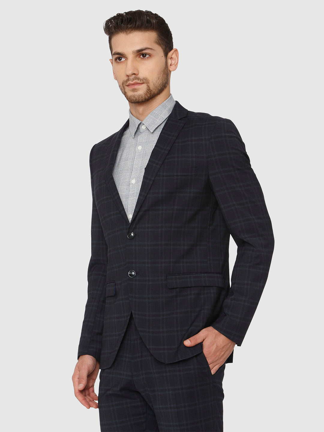 Navy Blue Check Formal Blazer