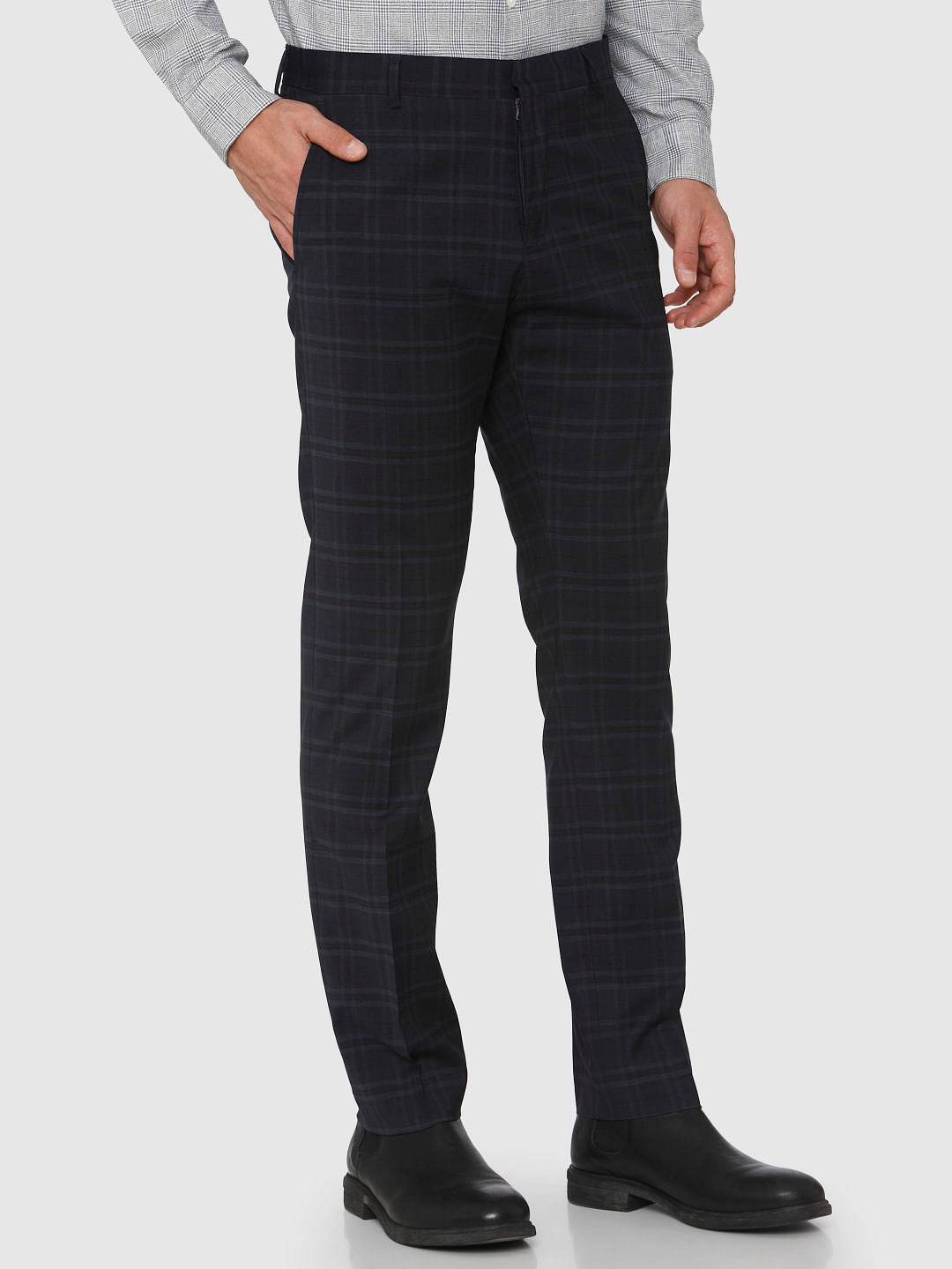 Navy Blue Check Formal Trousers
