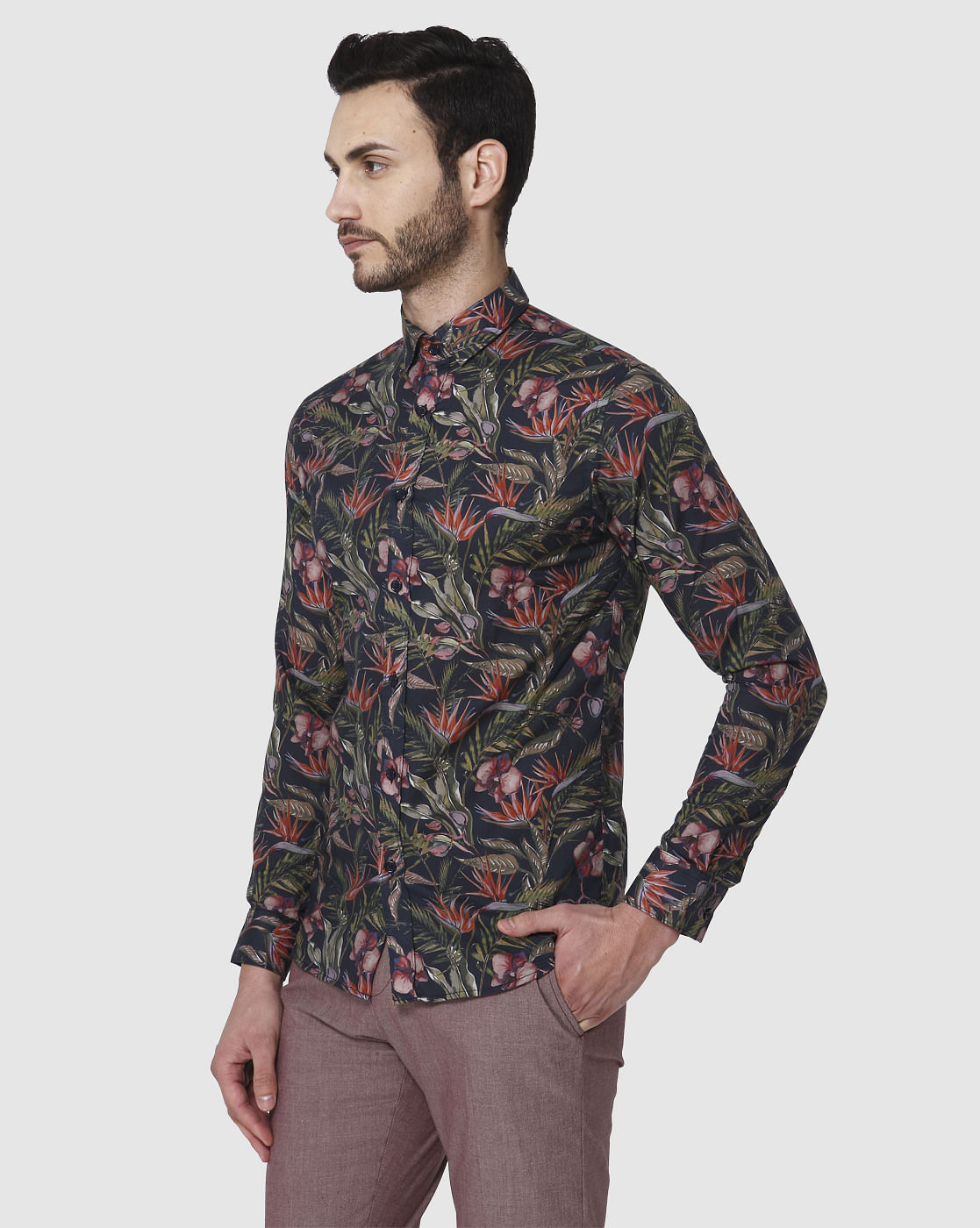 Black Floral Print Full Sleeves Shirt