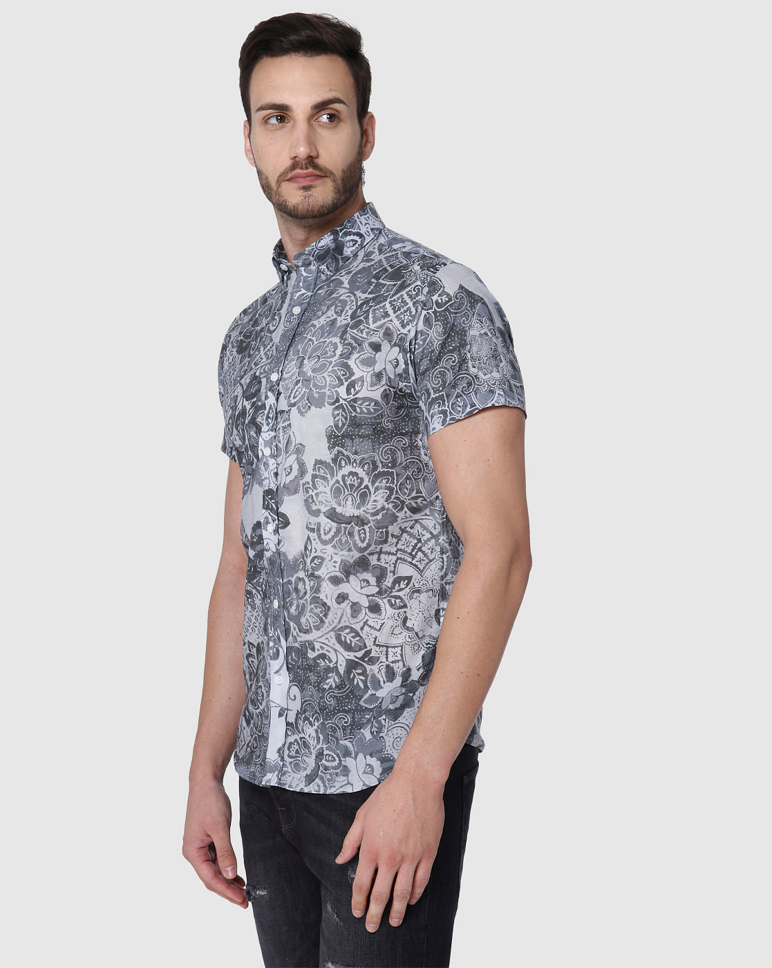 Black Floral Print Short Sleeves Shirt