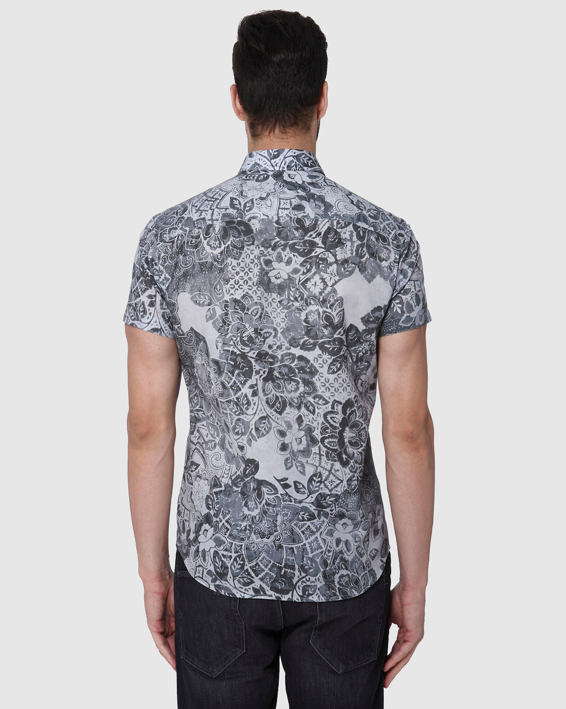 Black Floral Print Short Sleeves Shirt