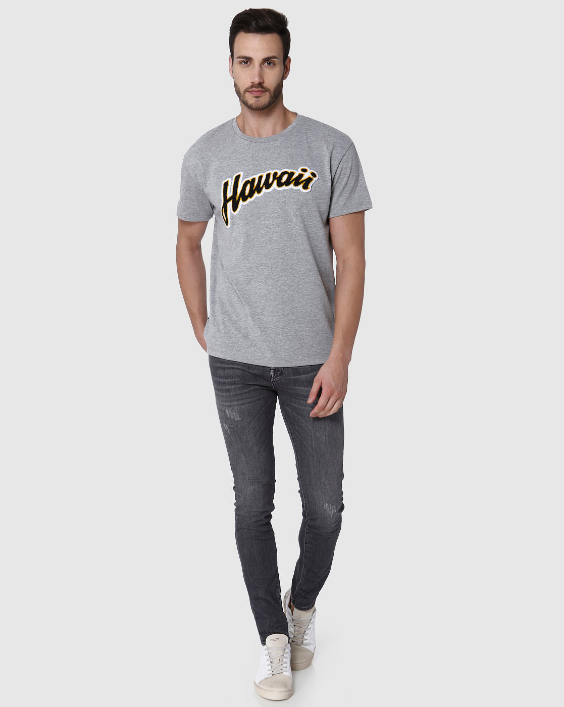 Grey Printed Crew Neck T-Shirt