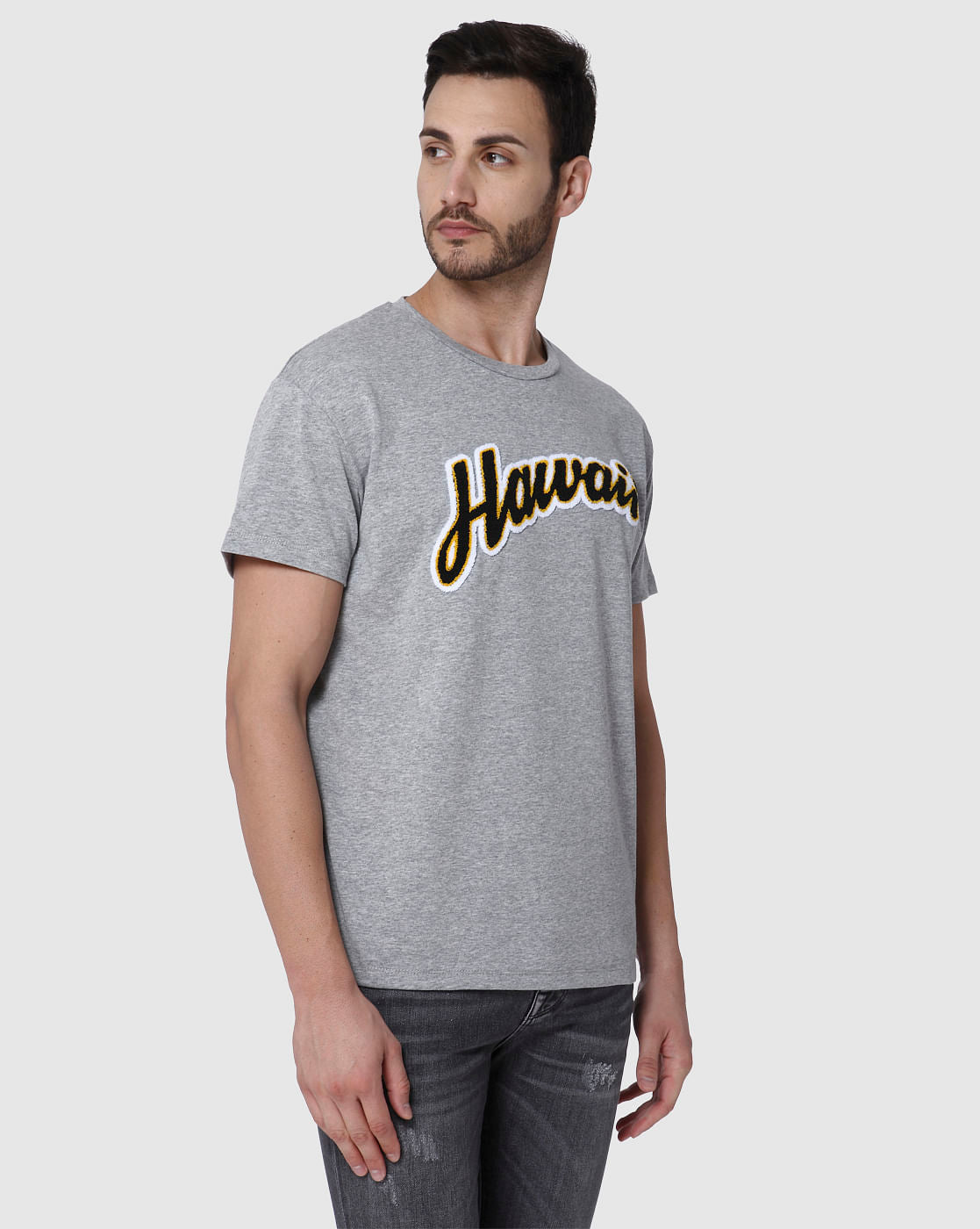 Grey Printed Crew Neck T-Shirt