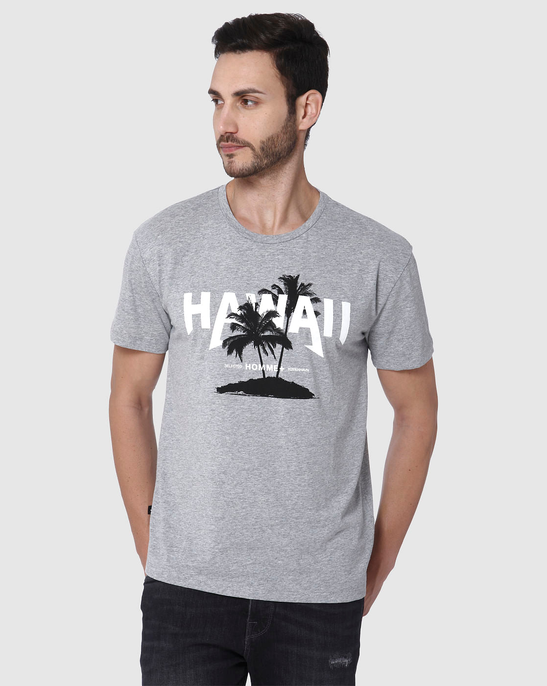 Grey Printed Crew Neck T-Shirt