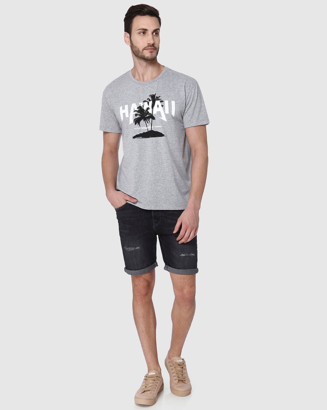Grey Printed Crew Neck T-Shirt