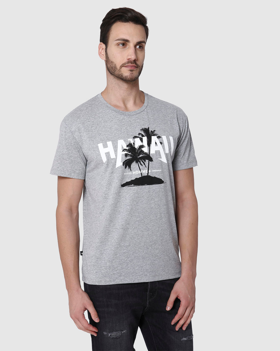 Grey Printed Crew Neck T-Shirt