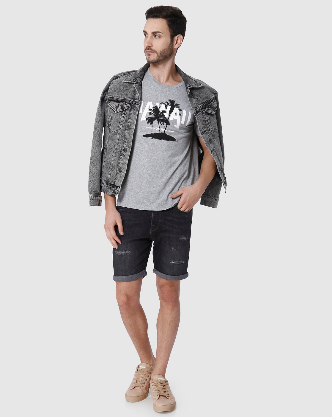 Grey Printed Crew Neck T-Shirt