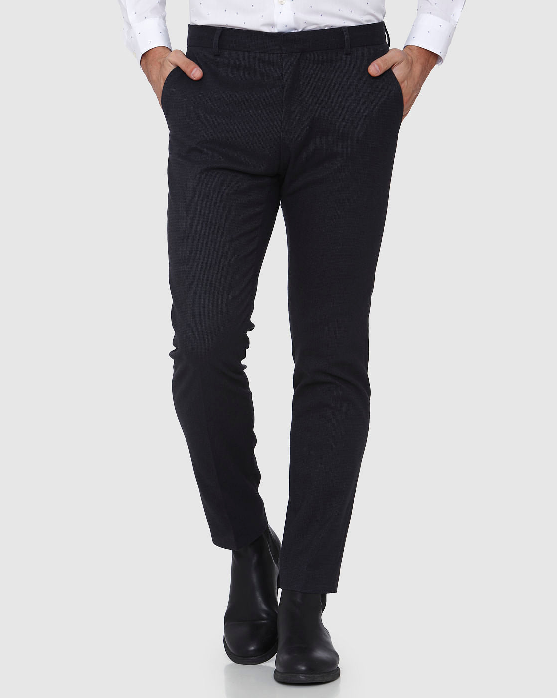 Navy Blue Textured Slim Fit Trousers