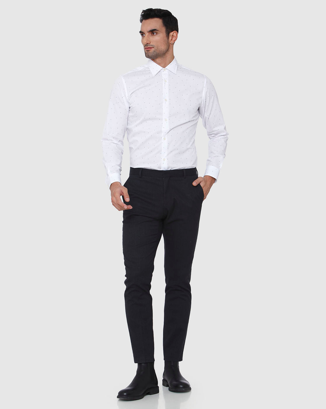 Navy Blue Textured Slim Fit Trousers